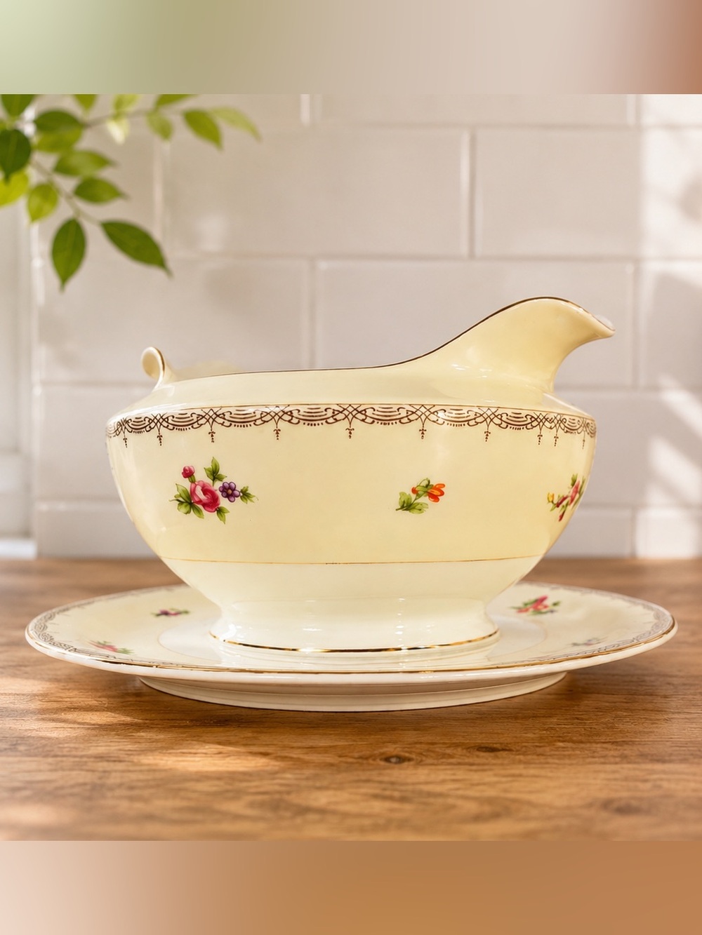 Vintage Japan Floral Gravy Boat with Underplate | Gold Trim Serving Dish